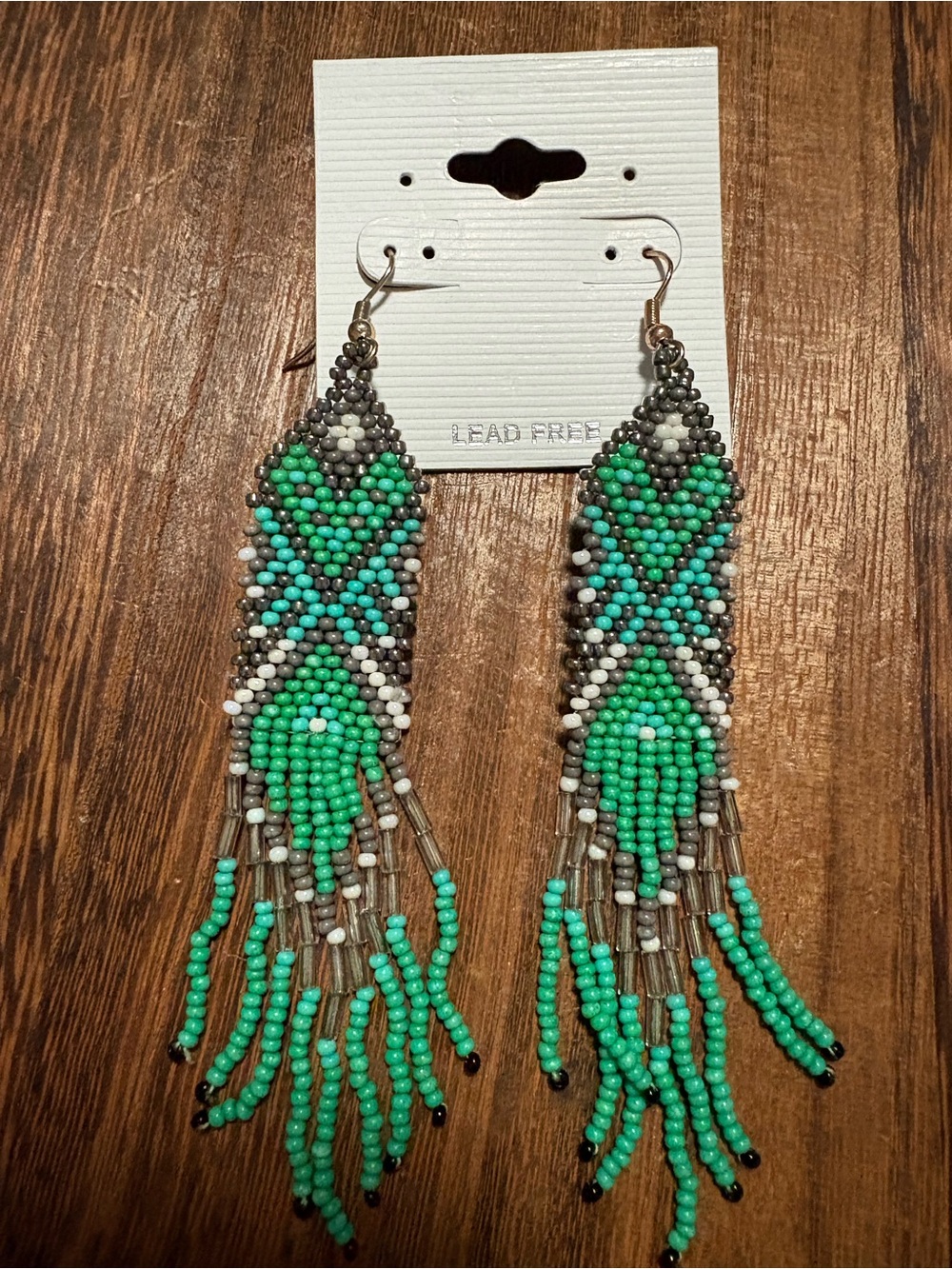 Turquoise & Green Seed Bead Fringe Earrings - Picture 4 of 5